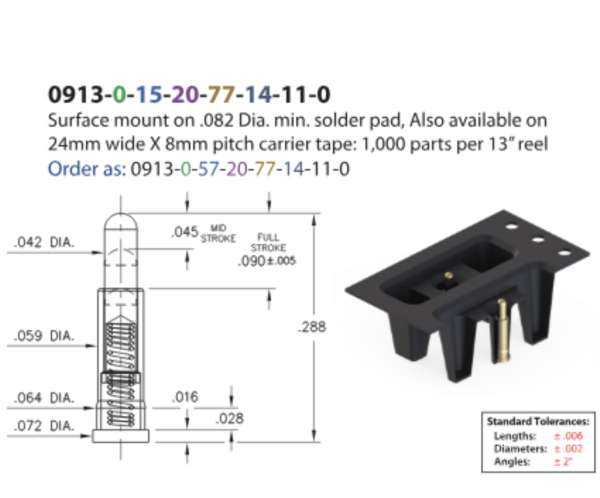 Form-fit mechanical replacement for Mill-Max 0913 surface mount spring loaded pin