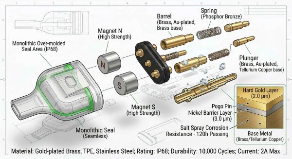 Internal structure of gold-plated pogo pin for wearable charging interface