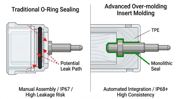 IP68 waterproof pogo pin structure comparison: O-ring vs Over-molding