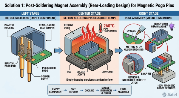 Diagram of post-soldering rear-loading magnet assembly process for magnetic pogo pins avoiding SMT reflow heat