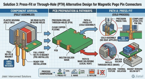 Press-fit and wave soldering alternative designs for magnetic pogo pin PCB assembly without high-temperature thermal stress